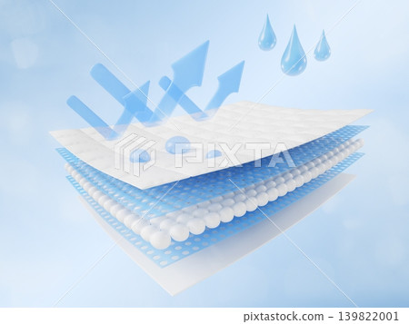 3D waterproof breathable fabric icon, layered effect. Gore tex, microporous membrane with liquid water droplets and blue arrows. Durable water repellent, rain to bead roll off surface. 3D illustration 3D waterproof breathable fabric icon, layered effect. Gore tex, microporous membrane with liquid water droplets and blue arrows. Durable water repellent, rain to bead roll off surface. 3D illustration 139822001