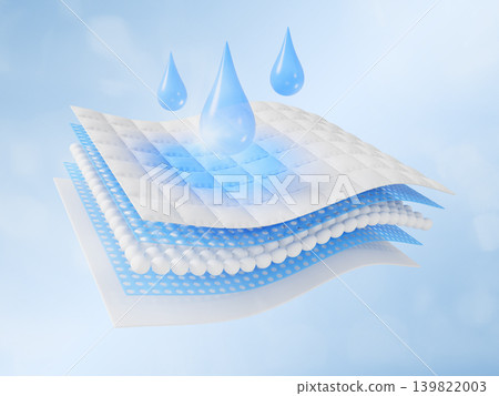 Absorbent fabric texture 3d icon with blue water drops and wet spot, 5 layer effect. Cotton or microfiber material, fiber structure. Absorption baby diaper, sanitary pad, cloth napkin. 3D illustration Absorbent fabric texture 3d icon with blue water drops and wet spot, 5 layer effect. Cotton or microfiber material, fiber structure. Absorption baby diaper, sanitary pad, cloth napkin. 3D illustration 139822003