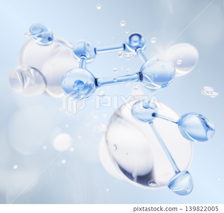 Beauty water 3d background with clear liquid gel bubbles and blue chemical molecule. Moisture oil texture with collagen, transparent cosmetic serum drops, scientific lab research. 3D Illustration Beauty water 3d background with clear liquid gel bubbles and blue chemical molecule. Moisture oil texture with collagen, transparent cosmetic serum drops, scientific lab research. 3D Illustration 139822005