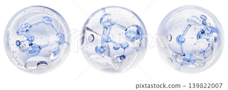 Blue hyaluronic acid 3D molecules in transparent bubble. Liquid collagen serum drops for beauty skincare. Cosmetic moisture spheres. Chemical formula water H2O. Hydrogen H2 production. 3D illustration Blue hyaluronic acid 3D molecules in transparent bubble. Liquid collagen serum drops for beauty skincare. Cosmetic moisture spheres. Chemical formula water H2O. Hydrogen H2 production. 3D illustration 139822007