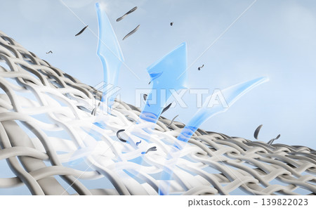 3d dirty white fabric fiber texture with blue water up arrows. Liquid bleach, stain remover or powder laundry detergent, textile background. Dry cleaning clothes, deep clean, care. 3D illustration 139822023