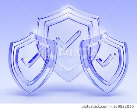 3D blue glass transparent shields with check mark on light background. Verified badge icons, cyber security, safety guarantee, privacy and data protection. Health insurance concept. 3D illustration 3D blue glass transparent shields with check mark on light background. Verified badge icons, cyber security, safety guarantee, privacy and data protection. Health insurance concept. 3D illustration 139822030