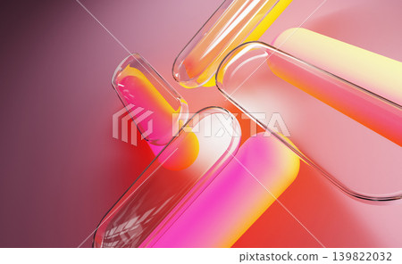 Neon glass tech background with capsule shapes. 3D geometric figures of cylinders with hemispherical ends, vibrant red yellow pink gradient, soft glow effect. Modern abstract graphics. 3D illustration Neon glass tech background with capsule shapes. 3D geometric figures of cylinders with hemispherical ends, vibrant red yellow pink gradient, soft glow effect. Modern abstract graphics. 3D illustration 139822032