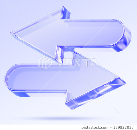 3D blue glass opposite arrow icon, horizontal left right direction sign. Data transfer, currency exchange or inverse. Forward backward movement, swipe ui element, render double symbol. 3D illustration 139822033