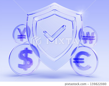 3d money protection concept, online banking security guarantee. Blue glass shield with check mark and dollar, euro, yuan, won coins. Financial security, secure investment, insurance. 3D illustration 3d money protection concept, online banking security guarantee. Blue glass shield with check mark and dollar, euro, yuan, won coins. Financial security, secure investment, insurance. 3D illustration 139822080