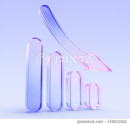 Glass hologram bar chart 3d icon with down arrow. Financial crisis, downgrade, bankruptcy, market crash, fall in stock indexes, rise unemployment. Purple blue falling graph isolated. 3D illustration Glass hologram bar chart 3d icon with down arrow. Financial crisis, downgrade, bankruptcy, market crash, fall in stock indexes, rise unemployment. Purple blue falling graph isolated. 3D illustration 139822082