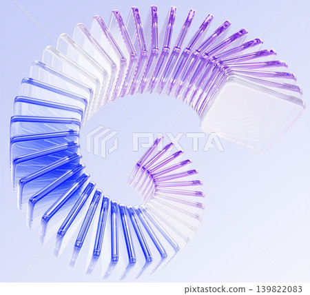 Glass holographic spiral, 3D graphic circle array of iridescent transparent square plate shapes on light blue background. Gradient crystal swirl with layer effect, speed rotating flow. 3D illustration Glass holographic spiral, 3D graphic circle array of iridescent transparent square plate shapes on light blue background. Gradient crystal swirl with layer effect, speed rotating flow. 3D illustration 139822083