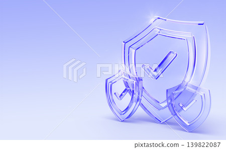 Cyber security tech 3d background - hologram glass shield with check mark. Digital safety, account access verification, information protection sign, antivirus software presentation. 3D illustration Cyber security tech 3d background - hologram glass shield with check mark. Digital safety, account access verification, information protection sign, antivirus software presentation. 3D illustration 139822087