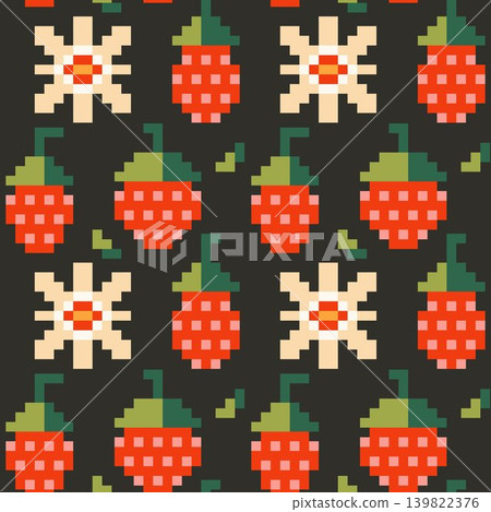 Endless retro style background with red berries and white blossoms on dark. Endless retro style background with red berries and white blossoms on dark. 139822376