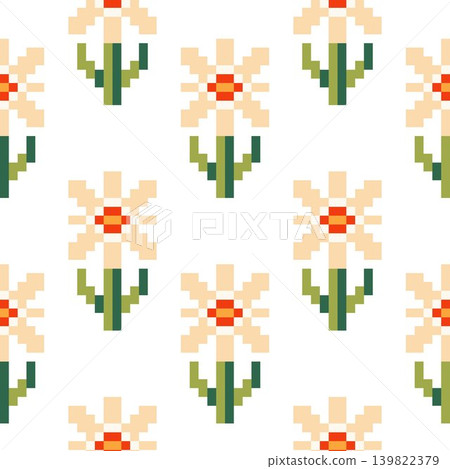 Continuous background with retro 8bit daisy flowers. Geometric floral ornament on white. Continuous background with retro 8bit daisy flowers. Geometric floral ornament on white. 139822379