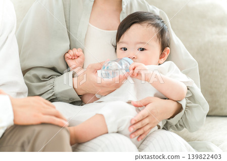A baby drinking milk from a bottle on the sofa in their home. A baby drinking milk from a bottle on the sofa in their home. 139822403