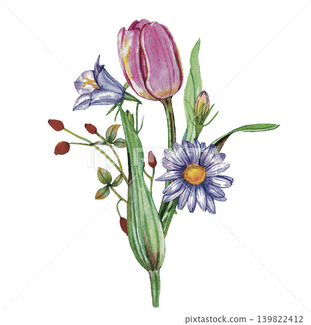 Tulip and Wildflower Watercolor Bouquet Illustration Tulip and Wildflower Watercolor Bouquet Illustration 139822412