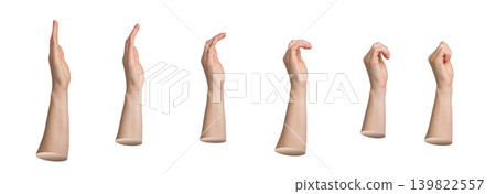 Set of human hand gesture stages isolated on white background. Multiple arm positions showing progressive finger movement sequence. Gesture collection for communication and body language 139822557