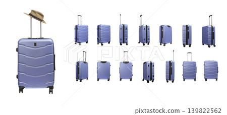 Set of blue travel suitcase views isolated on white background. Collection of wheeled luggage positions including front side back and open angles. Travel equipment concept for transportation Set of blue travel suitcase views isolated on white background. Collection of wheeled luggage positions including front side back and open angles. Travel equipment concept for transportation 139822562