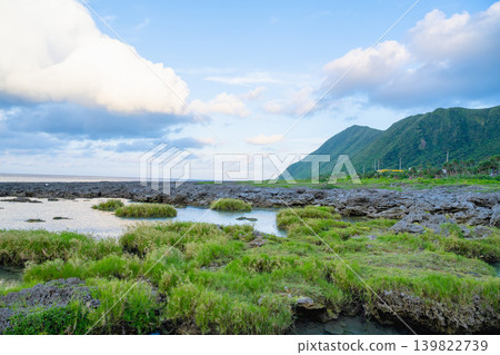 台灣離島風光:遠眺台東蘭嶼著名景點,綠草茵茵的冷泉,清澈的潮間帶,海蝕地貌,火山礁,以及梨山巷全景。 台灣離島風光:遠眺台東蘭嶼著名景點,綠草茵茵的冷泉,清澈的潮間帶,海蝕地貌,火山礁,以及梨山巷全景。 139822739