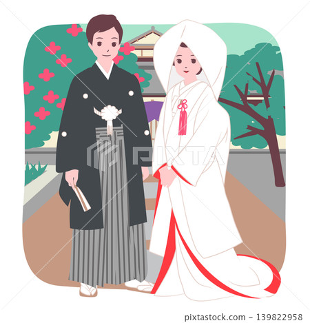 【人生階段】一對身著傳統日式服裝的新人正在進行神道婚禮儀式的插圖 【人生階段】一對身著傳統日式服裝的新人正在進行神道婚禮儀式的插圖 139822958