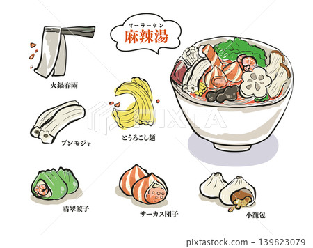 Hand-drawn illustration of Mala Tang (spicy hot pot soup) and its toppings 139823079
