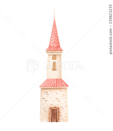 Watercolor vintage Christmas church with snowy tiled roof in soft pastel tones isolated on white. Hand drawn whimsical winter chapel illustration for holiday cards, festive decor and storybook scenes. Watercolor vintage Christmas church with snowy tiled roof in soft pastel tones isolated on white. Hand drawn whimsical winter chapel illustration for holiday cards, festive decor and storybook scenes. 139823235