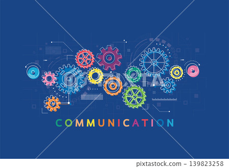 Abstract communication technology concept with colorful gears and cogs working together on dark blue background. Abstract communication technology concept with colorful gears and cogs working together on dark blue background. 139823258