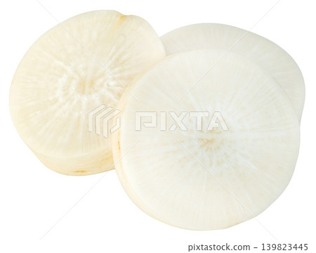 Three fresh slices of raw white daikon radish isolated. Close-up view showing internal texture of the vegetable. Ideal for healthy food, cooking, and nutrition concepts. Three fresh slices of raw white daikon radish isolated. Close-up view showing internal texture of the vegetable. Ideal for healthy food, cooking, and nutrition concepts. 139823445