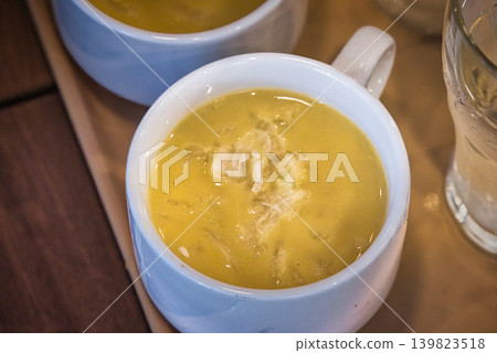 A delicious corn soup with plenty of ingredients. A delicious corn soup with plenty of ingredients. 139823518