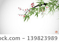 Delicate ink wash painting of bamboo leaves and plum blossom. Traditional Japanese ink wash painting sumi-e. Hieroglyph - joy 139823989