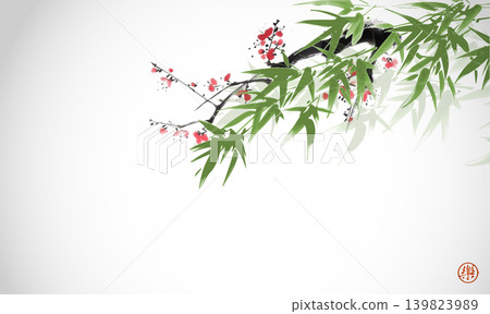 Delicate ink wash painting of bamboo leaves and plum blossom. Traditional Japanese ink wash painting sumi-e. Hieroglyph - joy Delicate ink wash painting of bamboo leaves and plum blossom. Traditional Japanese ink wash painting sumi-e. Hieroglyph - joy 139823989