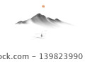 Minimalist sumi-e vector background with misty mountains and a small sailboat on calm water.Traditional Japanese ink wash painting sumi-e. Hieroglyph - happiness. 139823990