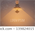 Single hanging vintage lantern casting warm light on a textured background. Vector illustration with place for your text. 139824015