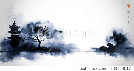 Blue ink wash painting of landscape with pagoda, trees, and mist on white background. Traditional oriental ink painting sumi-e, u-sin, go-hua. Translation of hieroglyph - zen Blue ink wash painting of landscape with pagoda, trees, and mist on white background. Traditional oriental ink painting sumi-e, u-sin, go-hua. Translation of hieroglyph - zen 139824017