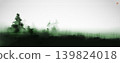 Vector sumi-e landscape of green misty mountains and pine trees in soft black ink, creating a serene and atmospheric scene.Translation of hieroglyph - eternity 139824018