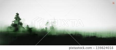 Vector sumi-e landscape of green misty mountains and pine trees in soft black ink, creating a serene and atmospheric scene.Translation of hieroglyph - eternity Vector sumi-e landscape of green misty mountains and pine trees in soft black ink, creating a serene and atmospheric scene.Translation of hieroglyph - eternity 139824018