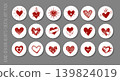 Red hand-drawn heart doodles on white round stickers with shadow effect, displayed on a gray background. 139824019