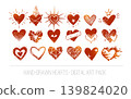 Set of minimalistic hand-drawn red vector hearts in various creative doodle styles and decorative designs on white background 139824020