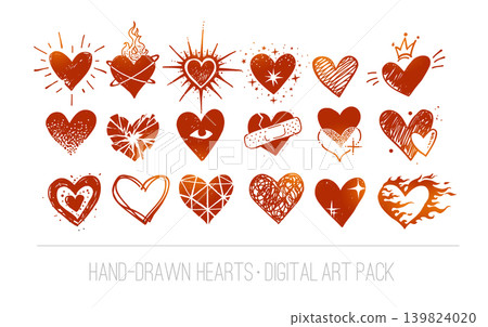 Set of minimalistic hand-drawn red vector hearts in various creative doodle styles and decorative designs on white background Set of minimalistic hand-drawn red vector hearts in various creative doodle styles and decorative designs on white background 139824020