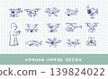 Childlike rough vector doodles of various drones. Delivery, underwater, quadcopter, helicopter, airplane, and spy drones graph paper background 139824022