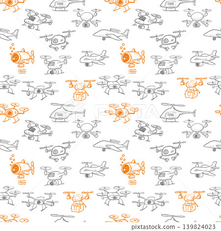 Seamless vector pattern of hand-drawn drones in a playful sketch style. Can be used for wallpaper, pattern fills, textile, web page background, surface textures. 139824023