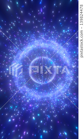 Glowing blue particle sphere inside a sparkling cosmic ring, abstract space background with starfield and futuristic energy halo Glowing blue particle sphere inside a sparkling cosmic ring, abstract space background with starfield and futuristic energy halo 139824478