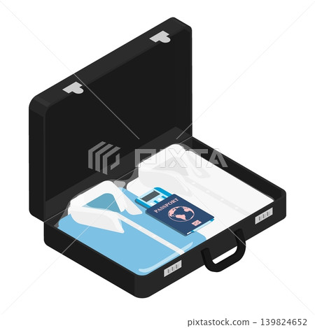 Isometric open businessman suitcase with packed shirts, clothes and documents for a short business trip. Isolated cartoon vector on white background top view 139824652