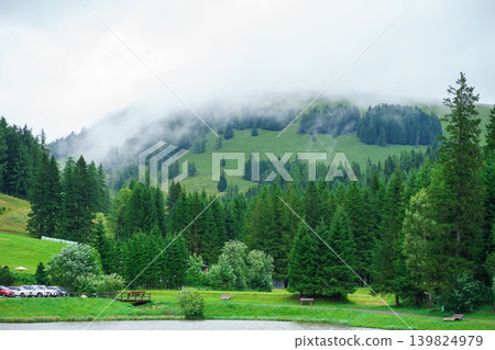 Alpine peak partially hidden in clouds with green spruce trees before the rain Alpine peak partially hidden in clouds with green spruce trees before the rain 139824979
