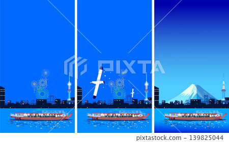 東京夜景及觀光插畫集,包括船屋、富士山、煙火,留白處 東京夜景及觀光插畫集,包括船屋、富士山、煙火,留白處 139825044