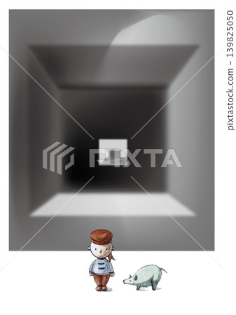 一幅單色、復古現代、超現實主義的藝術插畫:從窗戶可以看到的一棟建築、我和一頭豬。 一幅單色、復古現代、超現實主義的藝術插畫:從窗戶可以看到的一棟建築、我和一頭豬。 139825050
