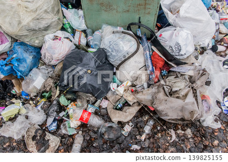 Waste glass plastic bottles bags object tank container garbage outdoor trash Waste glass plastic bottles bags object tank container garbage outdoor trash 139825155