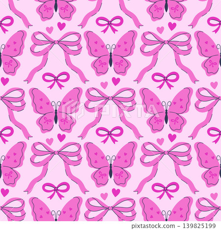 Pink seamless pattern with butterflies and bows. Vector graphics. 139825199