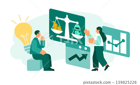 圖中一位男性和一位女性企業主管正在使用螢幕上的圖表分析和評估引入人工智慧聊天機器人的有效性。 圖中一位男性和一位女性企業主管正在使用螢幕上的圖表分析和評估引入人工智慧聊天機器人的有效性。 139825226