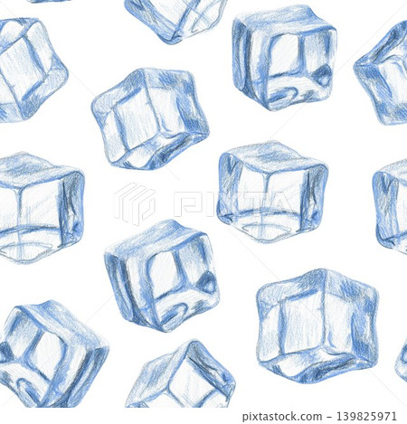 Hand drawn seamless pattern with ice cubes. Blue ice cubes on a white background for graphic design. Hand drawn seamless pattern with ice cubes. Blue ice cubes on a white background for graphic design. 139825971