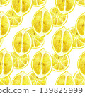 Hand drawn seamless pattern with a yellow lemon and a half of a lemon. Yellow lemon on a white background for graphic design. 139825999