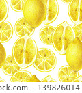 Hand drawn seamless pattern with a yellow lemon and a half of a lemon. Yellow lemon on a white background for graphic design. 139826014
