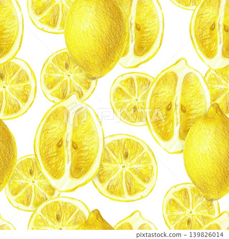 Hand drawn seamless pattern with a yellow lemon and a half of a lemon. Yellow lemon on a white background for graphic design. 139826014