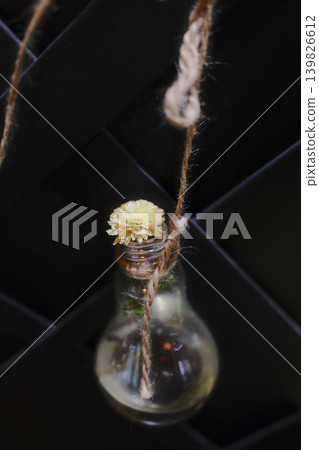 A lightbulb filled with water and a single flower hangs A lightbulb filled with water and a single flower hangs 139826612